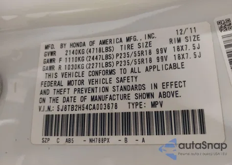 2012 Acura Rdx z USA, uszkodzony, nr VIN 5J8TB2H54CA003678